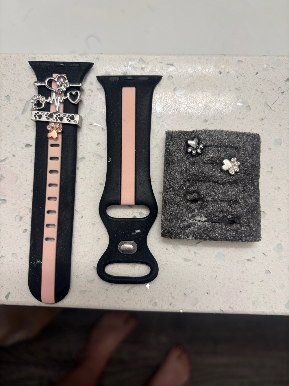 Black and Pink Two-Tone Sport Apple Watch Band with Heart Charm Accents